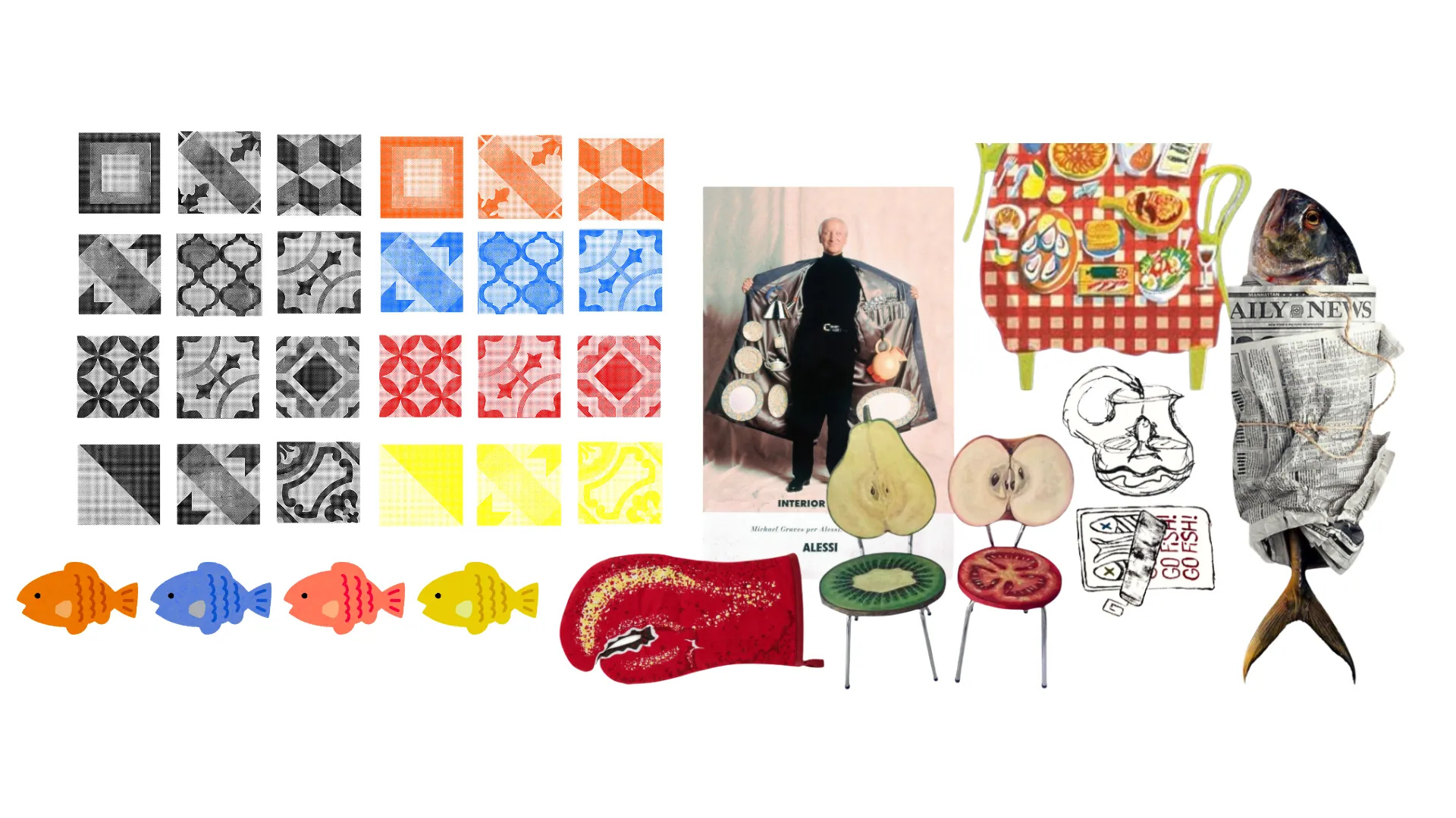 Concept board: halftone tile studies, fish, Michael Graves for Alessi, fruit chairs, a checkered table and a newspaper-wrapped fish