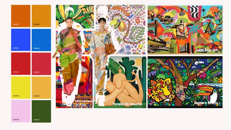 Color story board: palette beside Ulla Johnson SS 2026, Tarsila do Amaral, Lobo Pop Art and Romero Britto