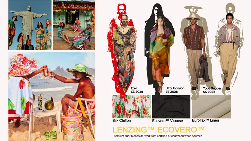Fabric story board: Rio beach scenes beside Etro, Ulla Johnson and Todd Snyder SS 2026 with silk chiffon, Ecovero viscose and Euroflax linen