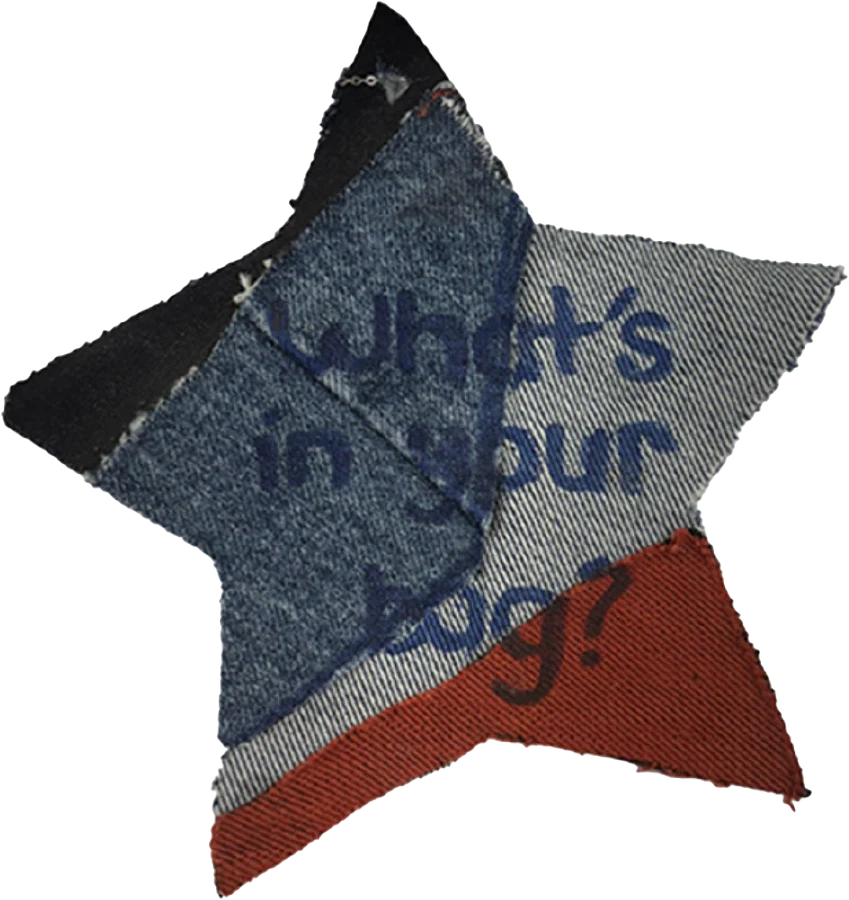 Front of a patchwork denim star tag, painted: What’s in your bag?